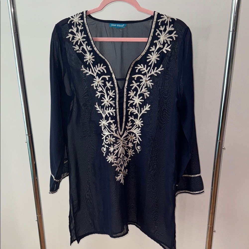 Blue Island Navy Tunic with White Embroidery